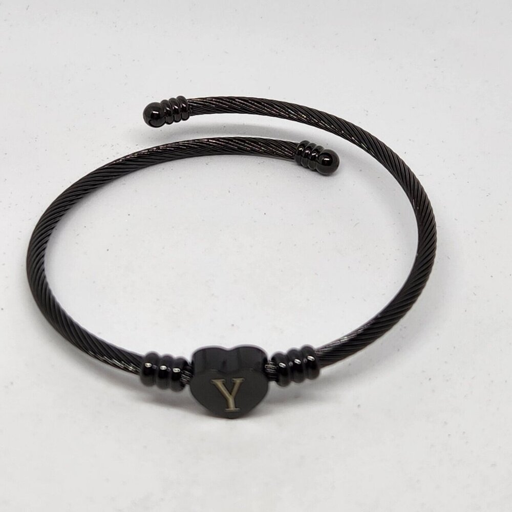 Initial Y Heart Coil Bangle Bracelet Black